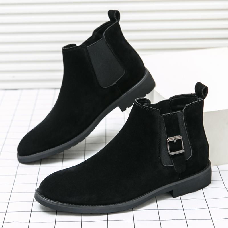 Fashion Winter Men's Pointed Suede Leather Buckle Chelsea Ankle Boots British Designer Botas Trend Casual High-tops Shoes Zapatos Hombre