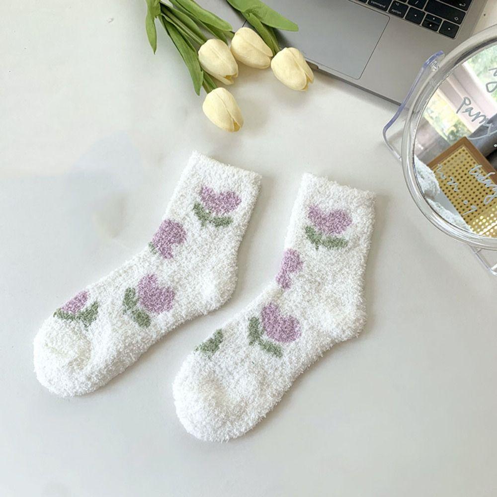 Flower Strawberry Coral Fleece Socks Winter Warm Socks Women Soft Floor Plush Socks  Winter