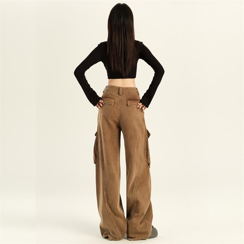 Women's American Retro Denim Overalls - Autumn 2024 Loose Slimming Wide-Leg Floor-Length Pants