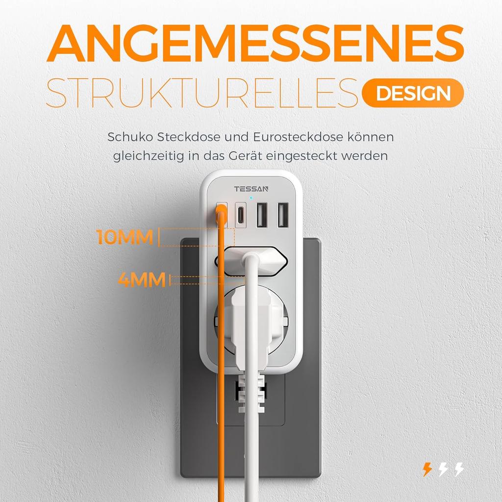 Tessan 6 In 1 Travel Adapter Thailand with 2 USB C and 2 USB A, Socket Adapter Travel Plug Power Adapter for America Canada Thailand Mexico