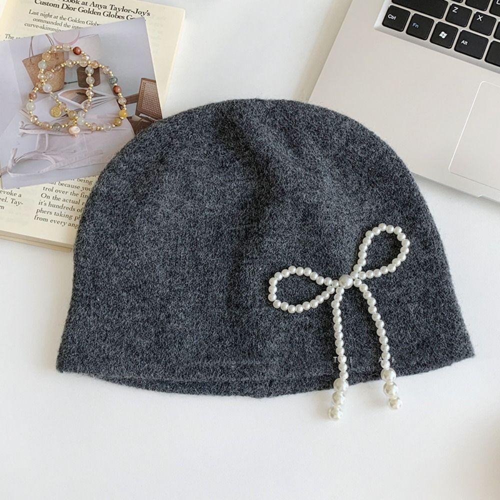 Casual Pearl Bow Beanies Cap Ear Protector Korean Wool Hat Stacking Knitted Bonnet Cap  Girls
