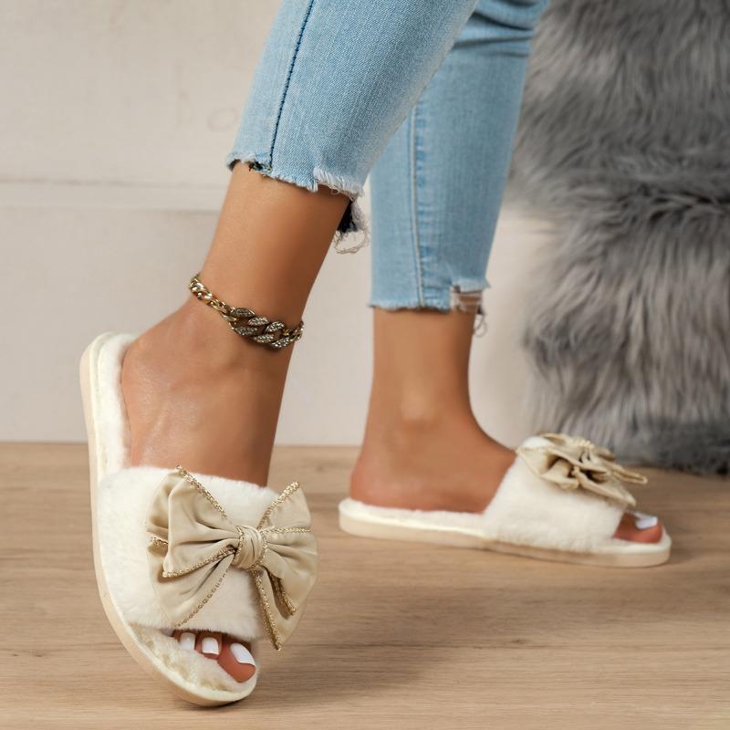 Neue Plüsch-Hausschuhe mit schlichter Schleife für Damen, Herbst und Winter, Indoor-Hausschuhe aus Baumwolle, warm