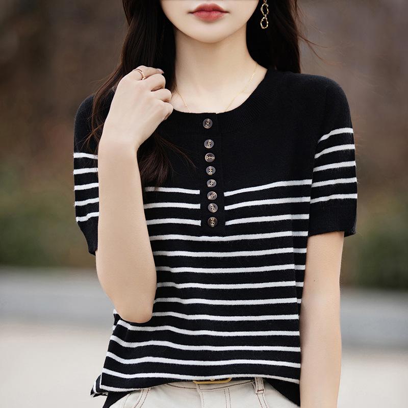 Summer fashion loose striped short-sleeved T-shirt women's contrasting color half-open neck knitted half-sleeved women's top
