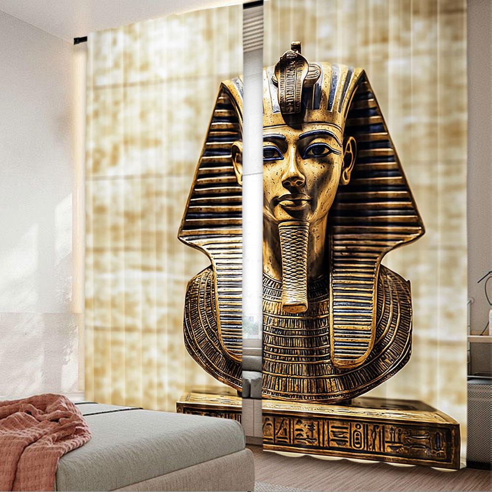 2Pcs Egyptian Curtains Stone Pharaoh Tutankhamen With Papyrus Background Design Suitable For Bedroom Bathroom Living Room Dining