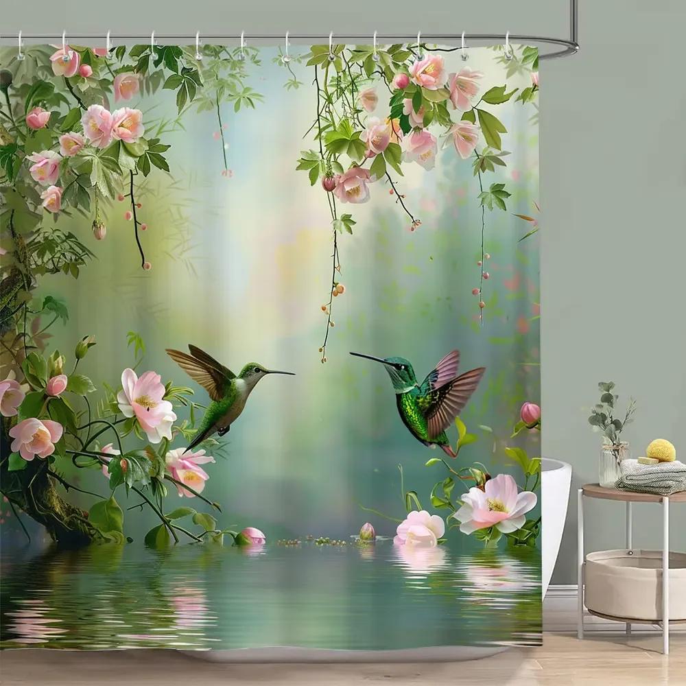 Beautiful Hummingbird Floral Shower Curtain Butterfly Flower Botanical Watercolour Print Polyester Shower Curtain Bathroom Decor