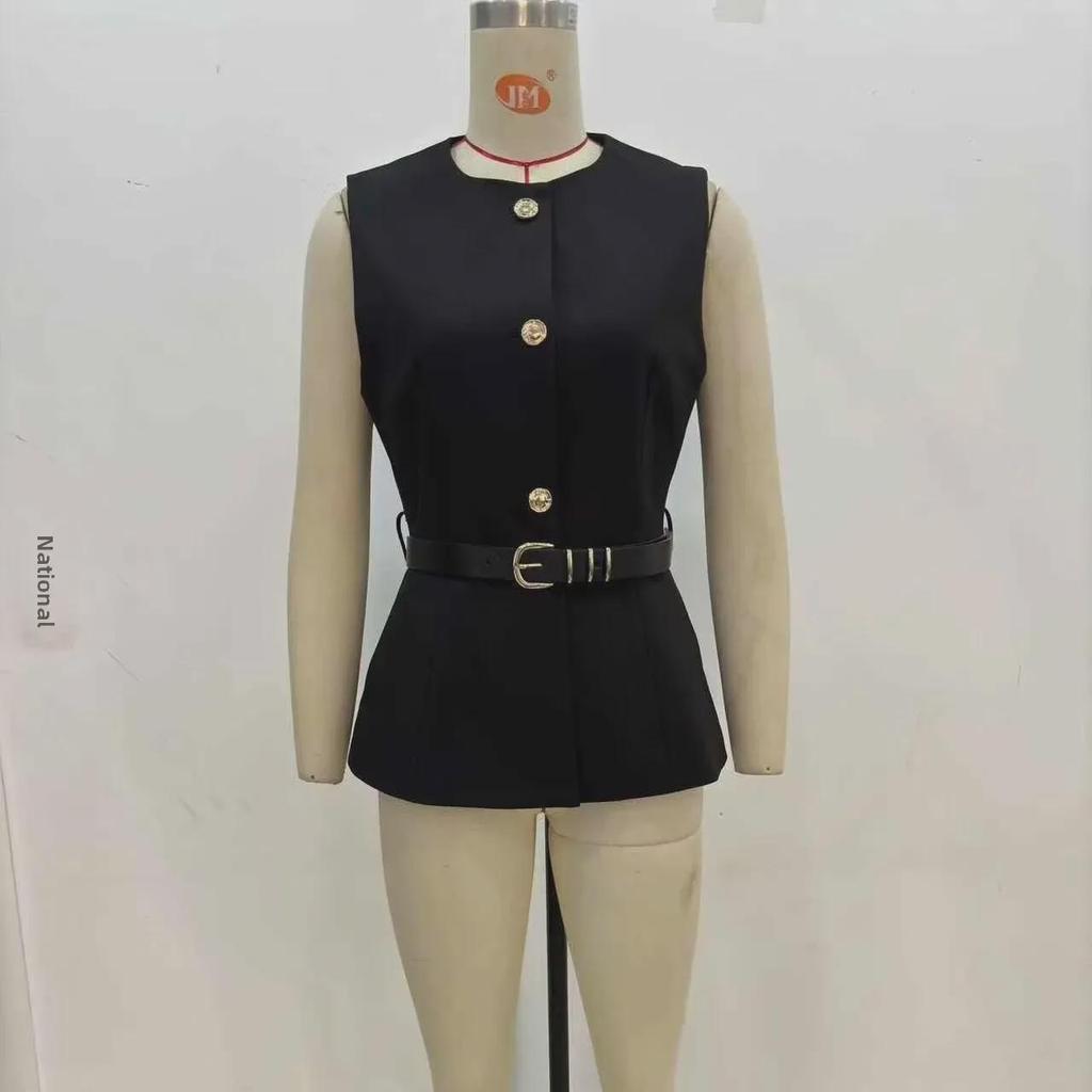 Women's French Commuter Sleeveless Belted Vest - Style 9300525