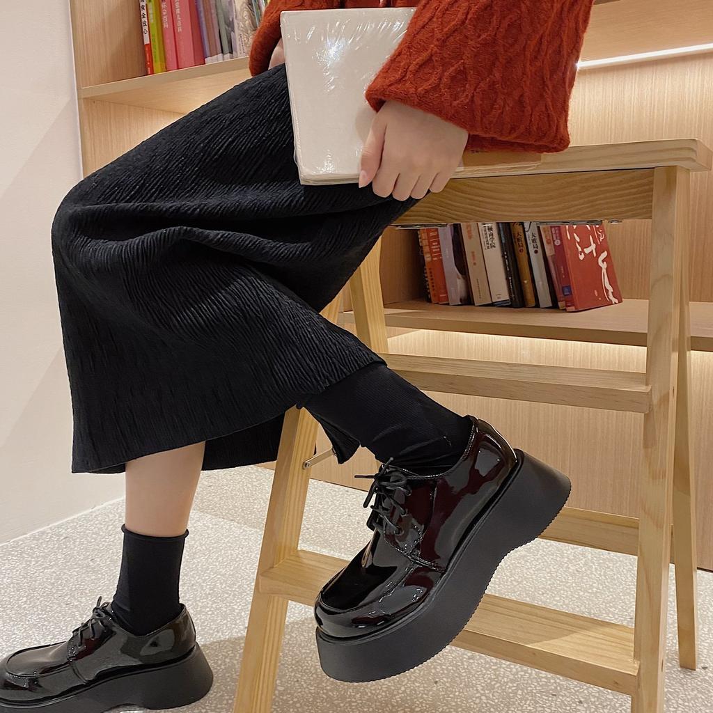 Plateauschuhe Sommer Retro Schnürschuhe Britische Kleine Lederschuhe Damen Weiches Leder Dicke Sohle Einzelne Schuhe Runde Zehen Große Zehenschuhe