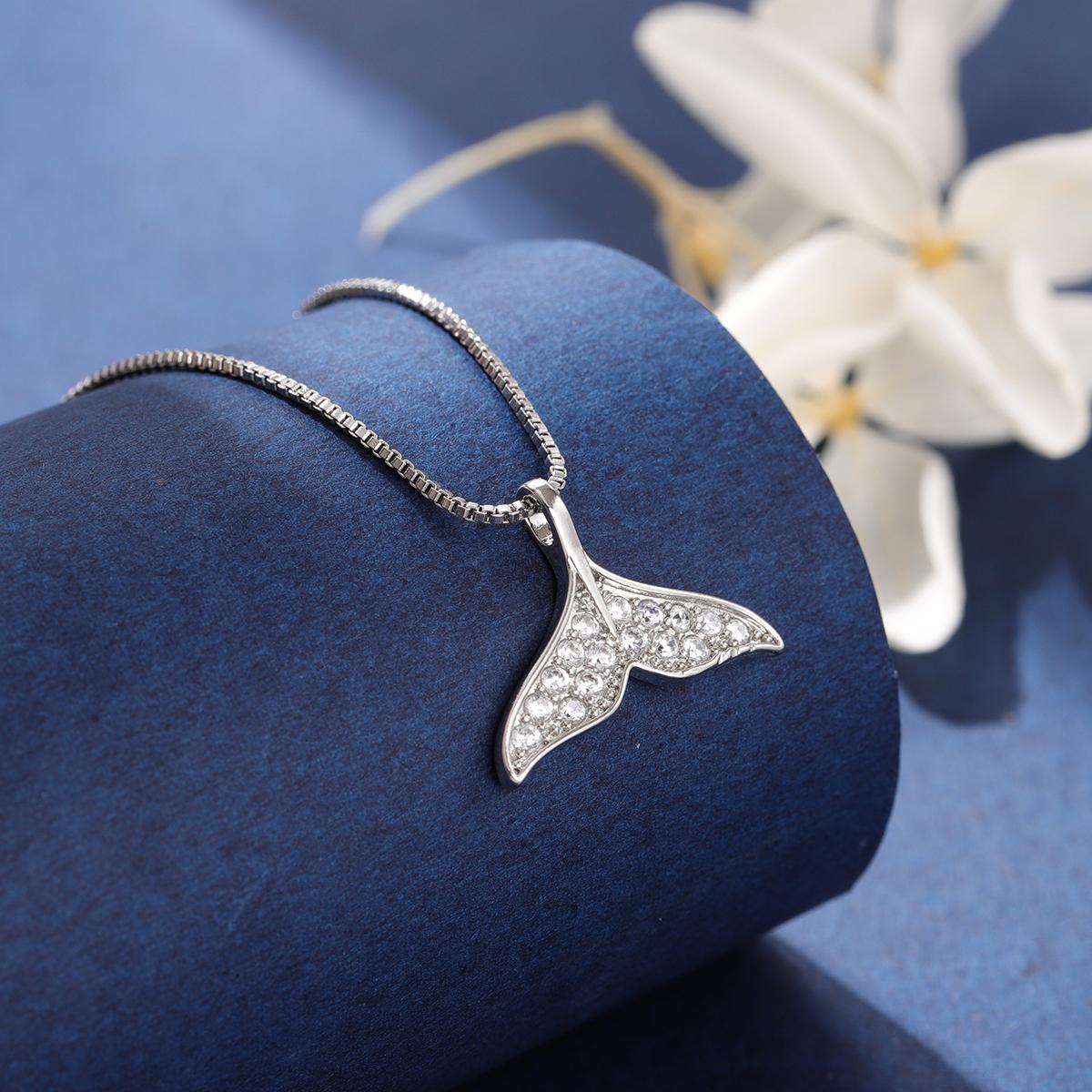Mermaid Tail Fish White Fishtail Crystal 925 Silver Clavicle Chain Pendant Necklaces серебряный