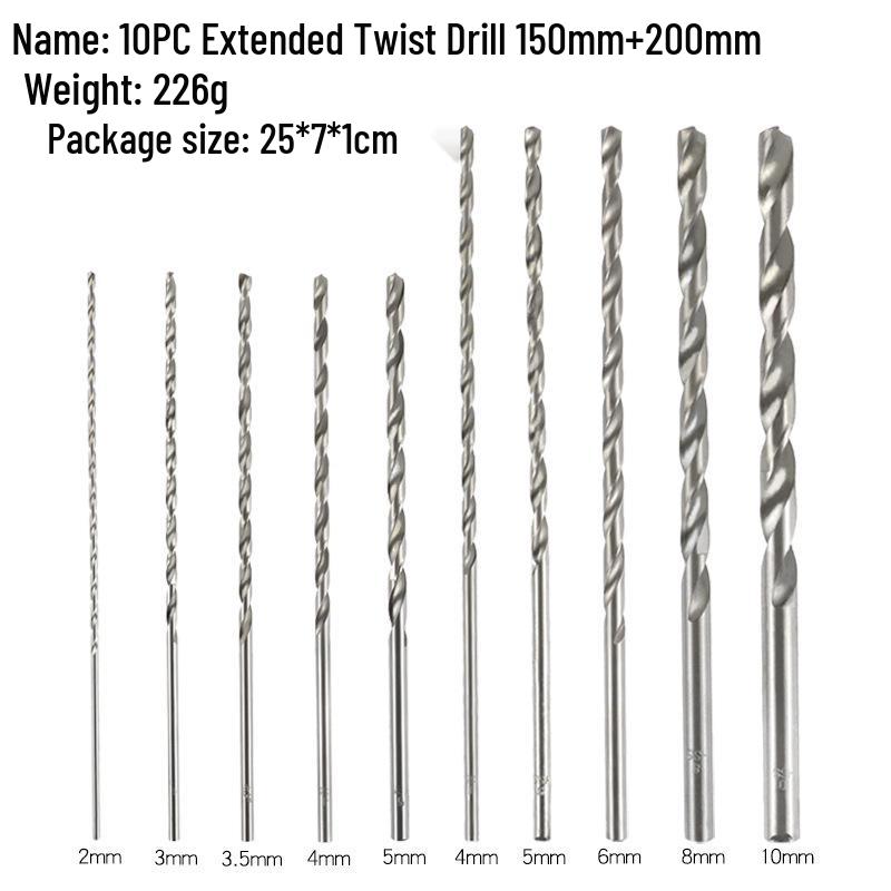 High-Speed Steel Extended Twist Drill, Straight Shank, 150mm/200mm Length