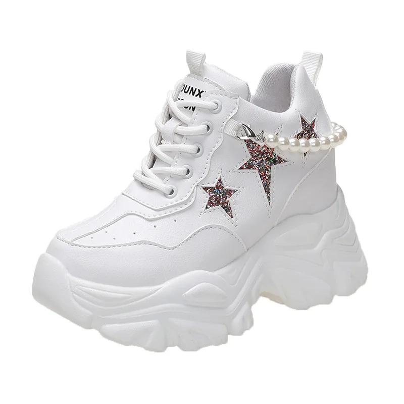 

7 см Блестящие Пайетки Массивные Кроссовки на Платформе Женские Дышащие На шнуровке Обувь для увеличения роста Женские Модные Жемчужно-белые Кроссовки 39 белый