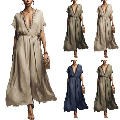 Women’s Maxi Dress with Ruffled V Neck and Waist Tie Relaxed Fit Lightweight Flowing Fabric Casual Style