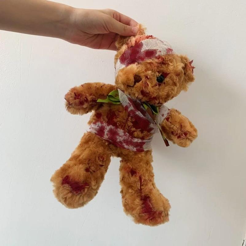 Bloody Damaged Bear Doll with Realistic Wounds PP Cotton Texture for Gothic Themed Event and Spooky Home Displays