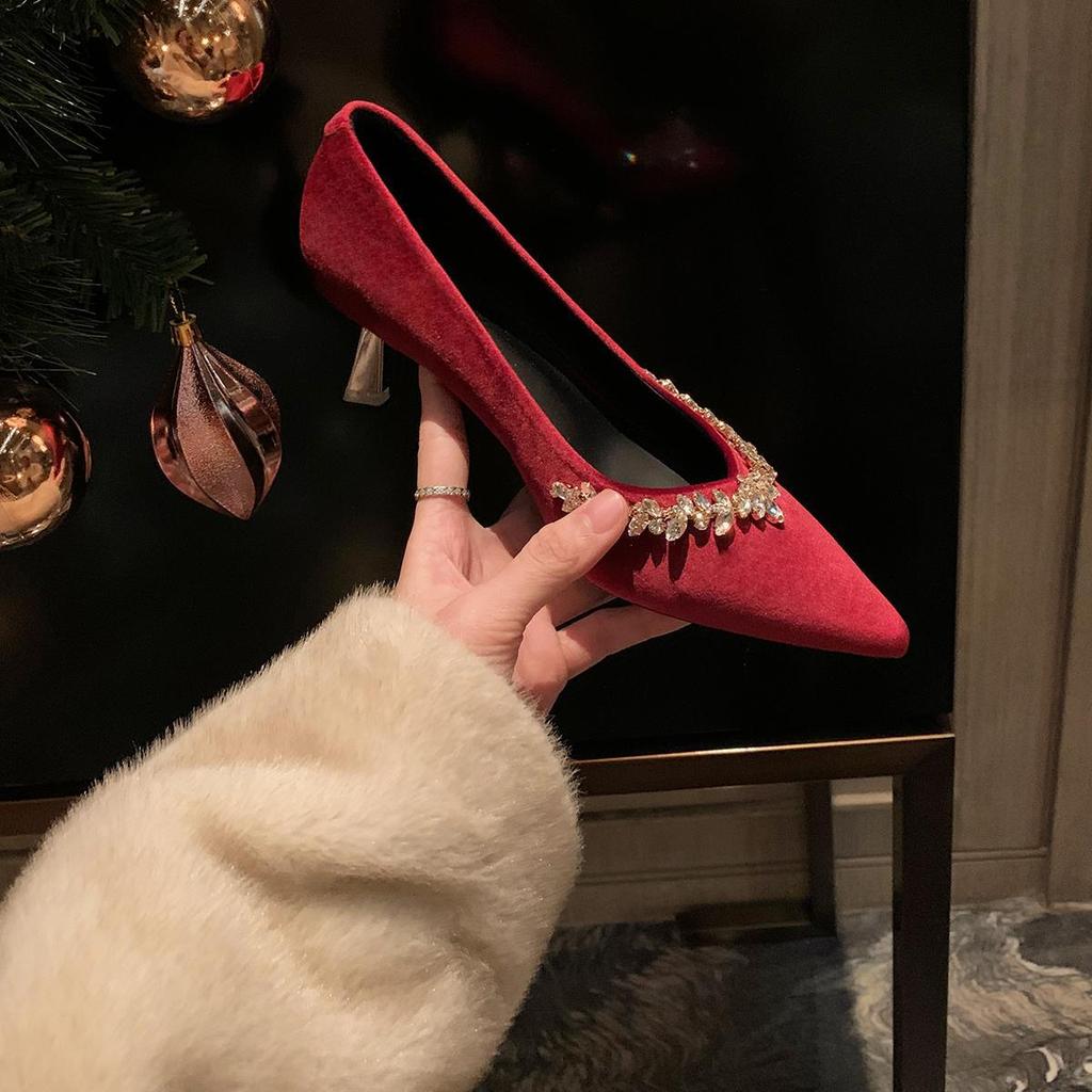 Sheepskin Version of Grape Mother, the Same Sparkling Rhinestone Single Shoes, Women's French Temperament, Pointed Tip, Thin Heel, Shallow Mouth, Wedd