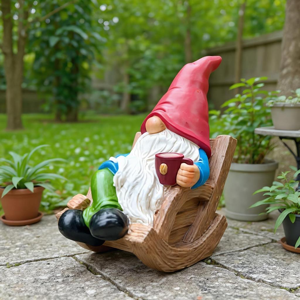 Gartenzwerge Outdoor Kaffeetrinkende Zwerge Dekorationen für den Garten Harzfigur Ornament Skulptur für Mütter Frauen Gartenarbeit