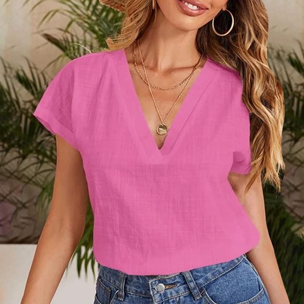 Women's Fashionable Cotton Linen Loose V-Neck Short-Sleeve Top