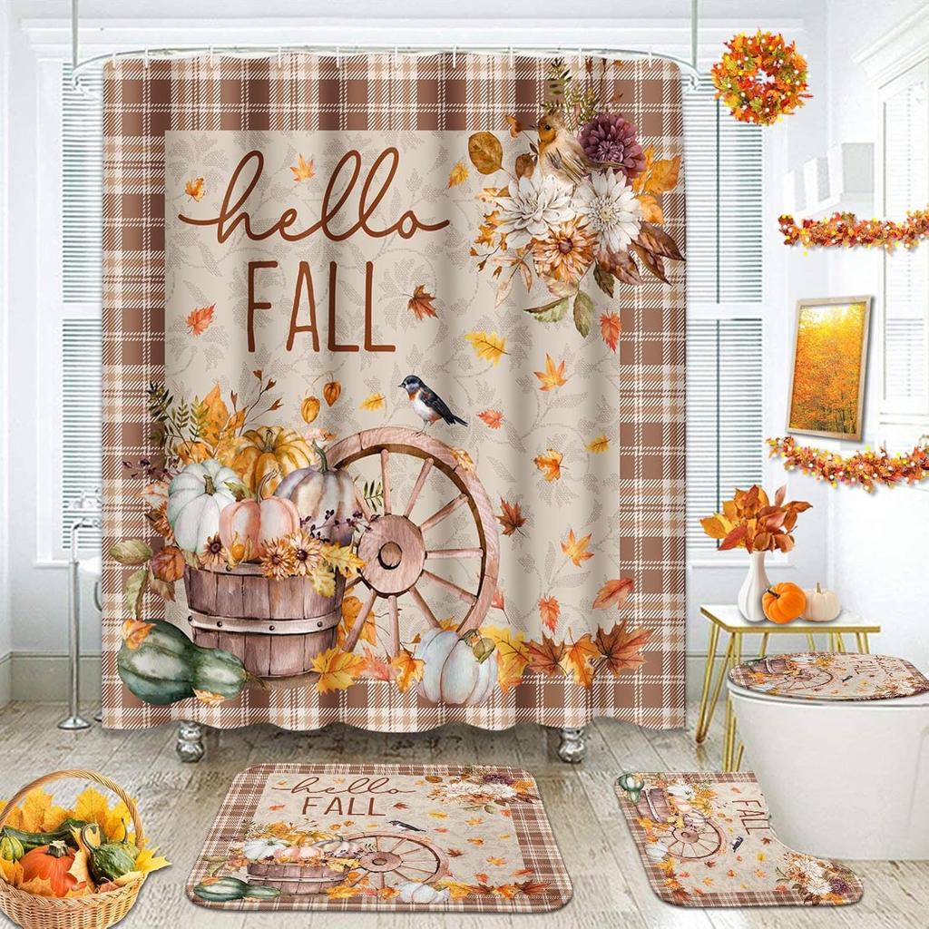 Arttown Fall Shower Curtain Set With Toilet Lid Cover And Non-Slip Rugs, Gnomes Autumn Pumpkins Teal Truck Thanksgiving Harvest