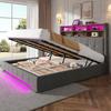 Pat din catifea 180×200 cm, tăblie multifuncțională: 6 compartimente, buzunare laterale, USB-C, LED, funcție hidraulică, depozitare protejată de praf sub pat.