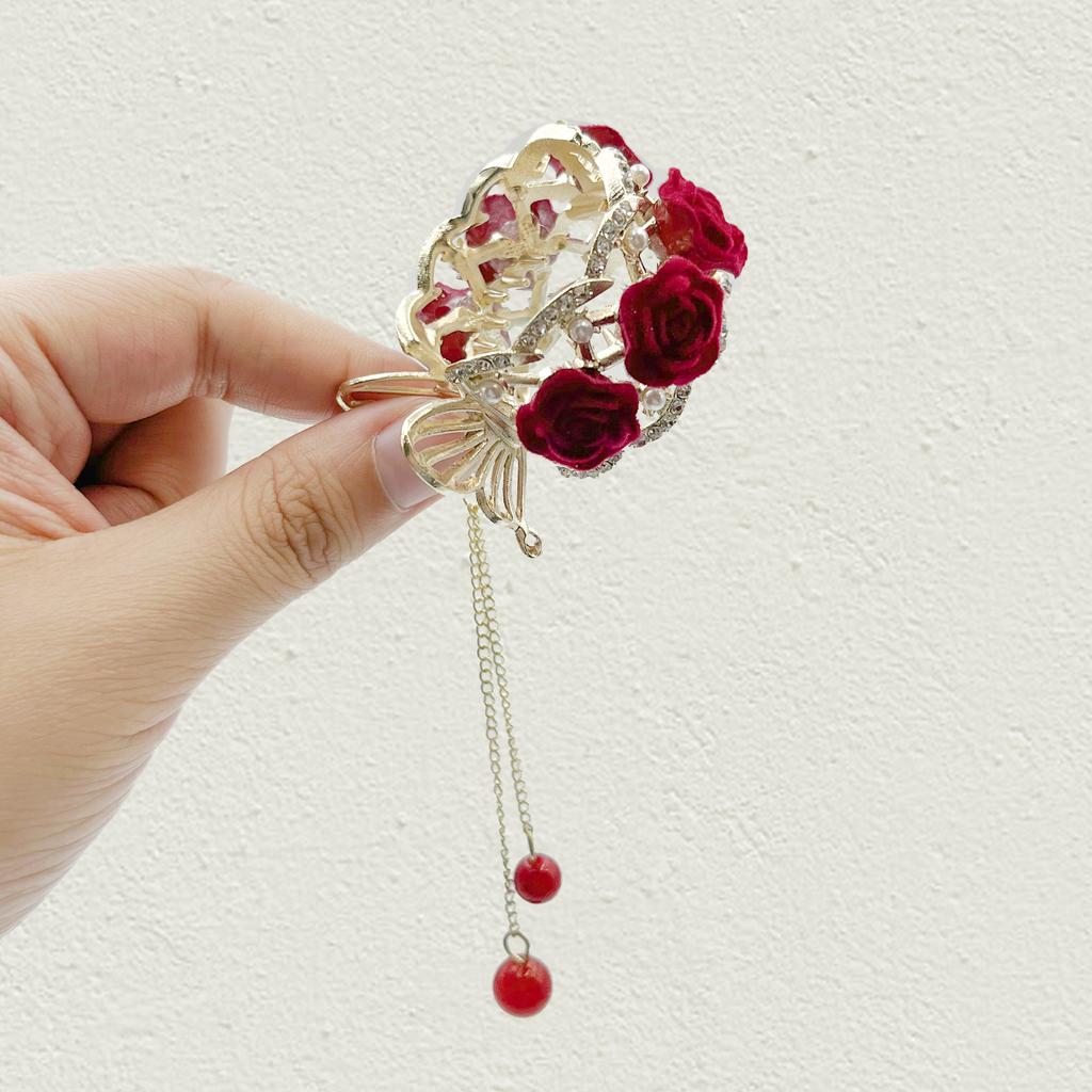 1pcs Fashion Velvet Rose Flower Red Ball Tasssel Crsytal Hair Claws For Women Party Hair Ponytail Holder Hair Accessories