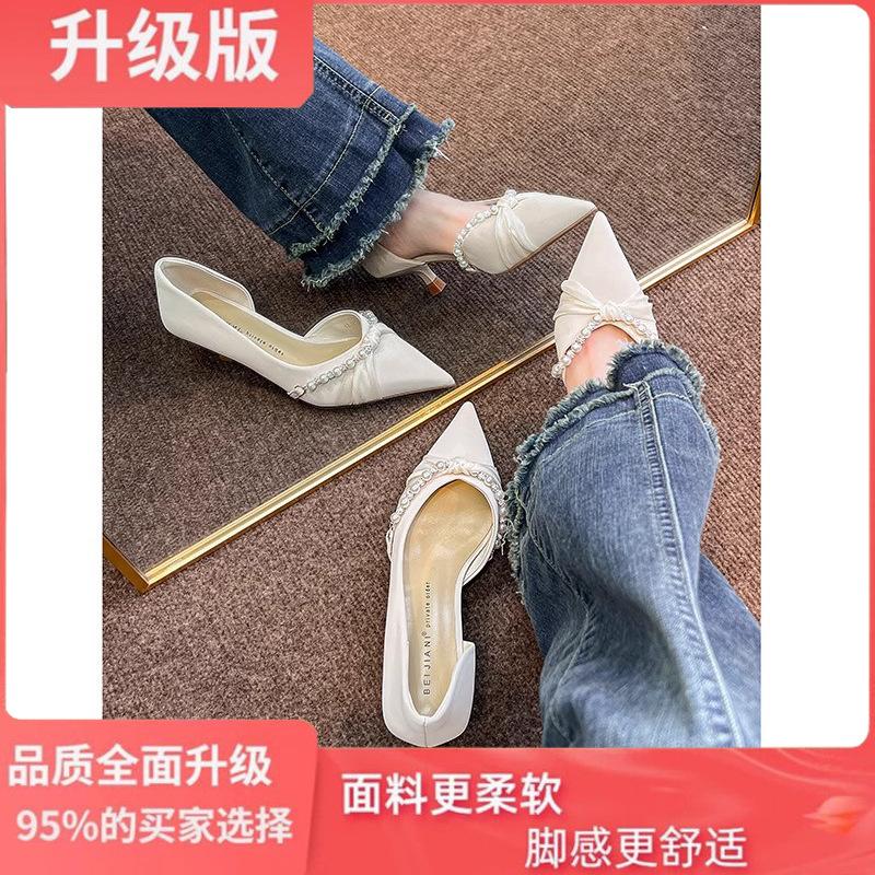 

White high heels women s stilettos 2025 new temperament small heels single shoes French pointed bridesmaids Xiuhe wedding shoes bride 40