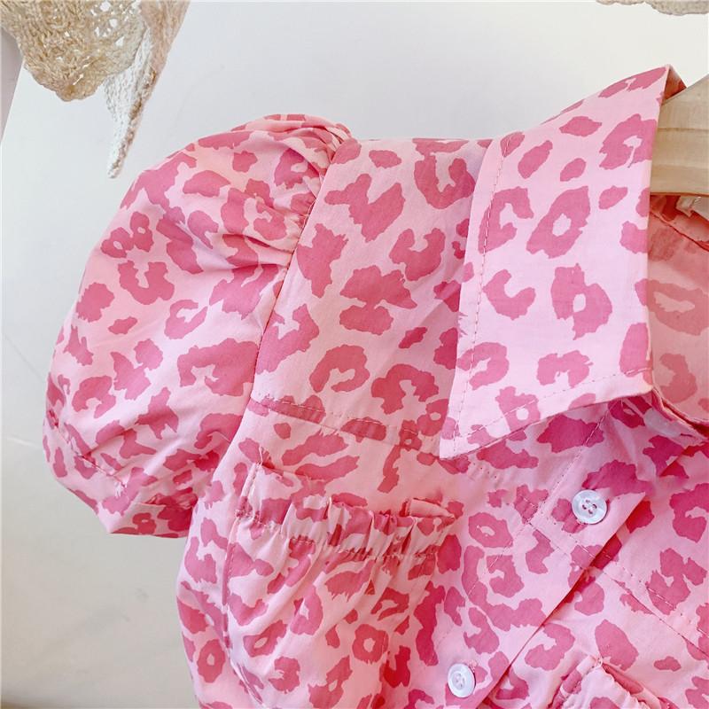 Roupas infantis 2023 verão novas meninas rosa leopardo estampado mangas bufantes camisa curta top e mini saia terno conjuntos de moda infantil