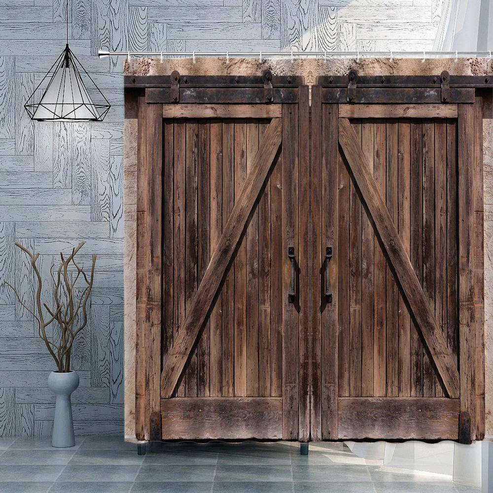 Wood Grain Shower Bedroom Curtains Bamboo Old Door Home Bathroom Toilets Polyester Decor Waterproof Screens With Hooks Washable