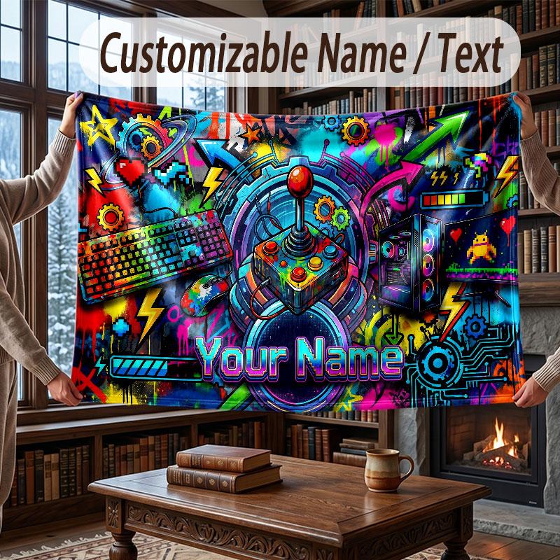 City Cyberpunk Theme Throw Blanket Custom Name Text Personalized Blanket Soft Cozy Blanket for Home Sofa Bed