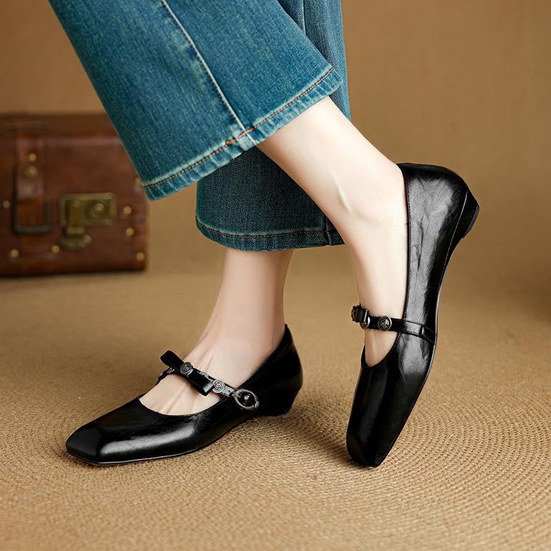 Sheepskin~ New Retro Single Shoes Women's Skirt Beautiful Small Leather Shoes Bow Metal One-word Buckle Mary Jane Shoes
