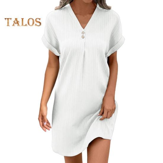 Summer Mini Dress Short Sleeves V Neck Loose Pure Color Dress Bohemian Buttons Casual Dress for Beach Vacation Daily Wear