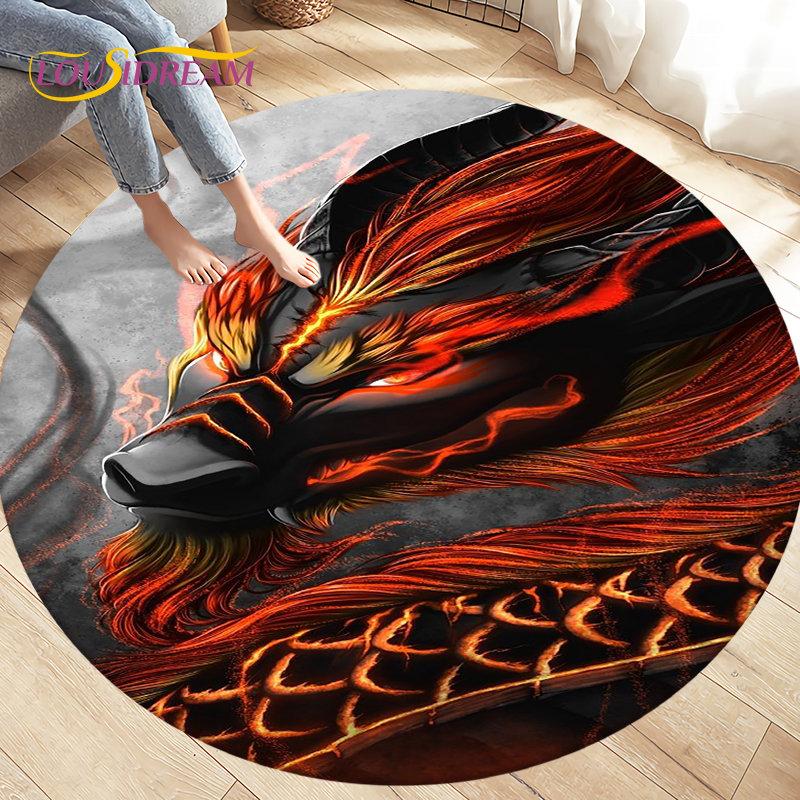 3D Cartoon Mysterious Dragon Area Rug,Round Carpet Rug for Living Room Bedroom Sofa Decoration,Kid Play Game Non-slip Floor Mat