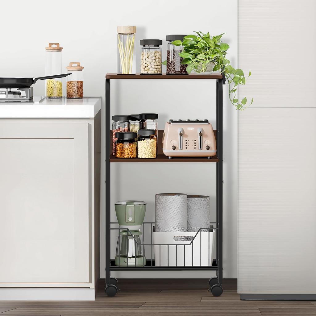 PRTONE Kitchen Rack Kitchen Wagon with Casters and Top Board Width 43 x Depth 30 x Height cm Bedside Table Metal Rack 3 Tiers with Escan Kitchen