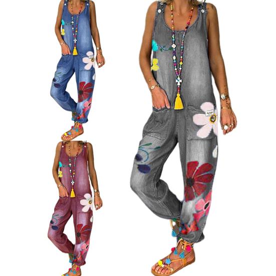 Floral Print Women Jumpsuit Deep Pockets One-piece Long Pants Sleeveless U Neck