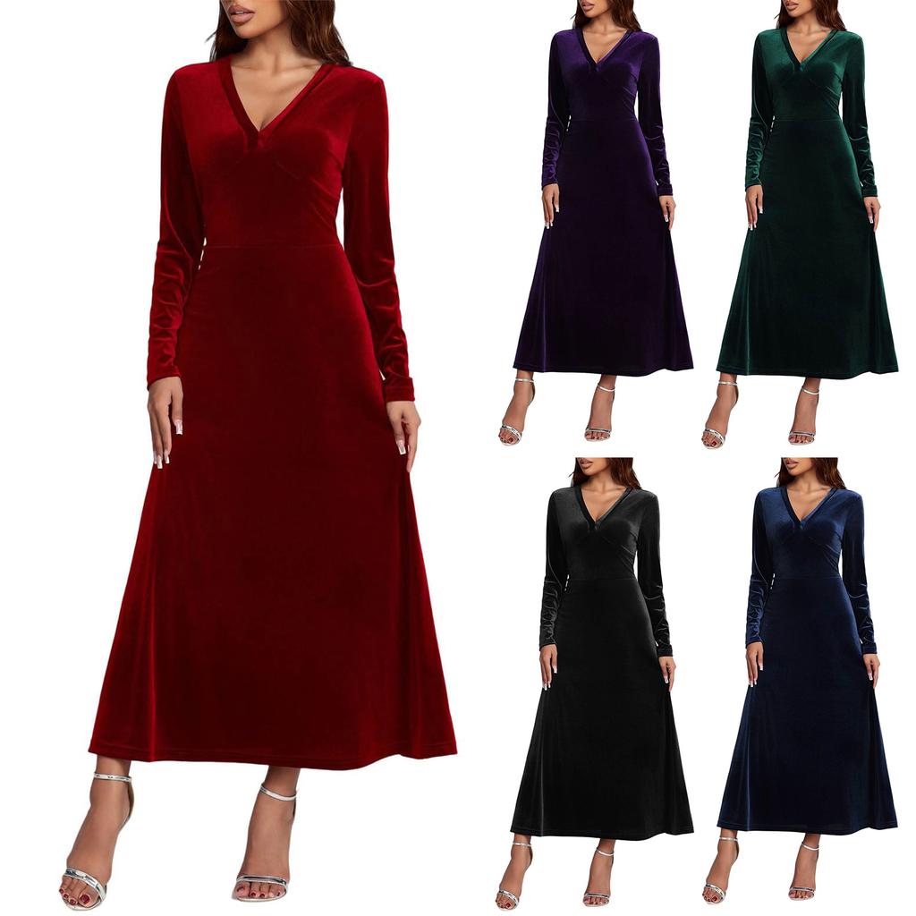 Women's Fashion Casual V-neck Velvet A-line Dress With Elegant Long Sleeves, Solid Color