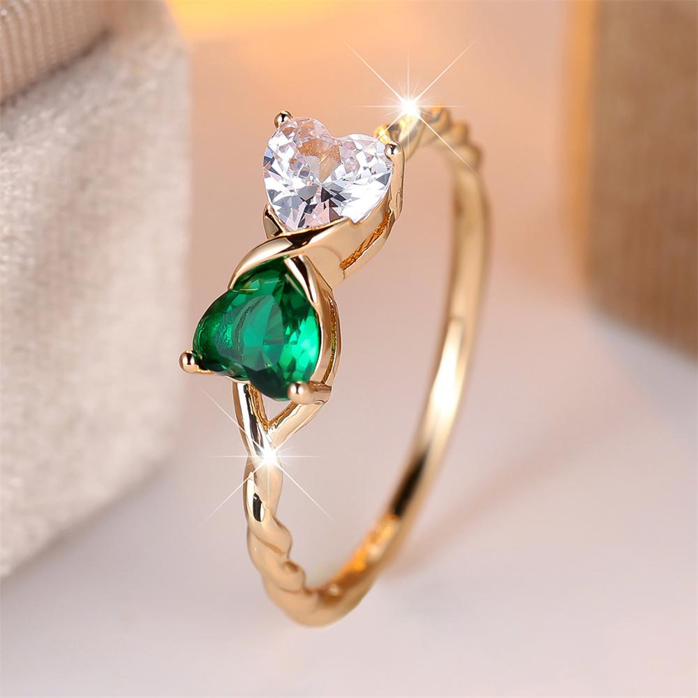 Double Heart Stone Green Crystal White Zircon Bowknot Rings For Women Rose Gold Silver Color Wedding Jewelry Valentines Day Gift