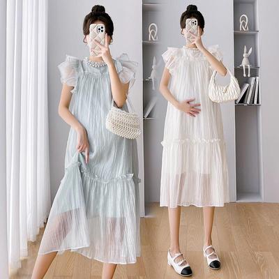 Available Now: 2025 Summer Maternity Flutter Sleeve Pearl Tencel Dress