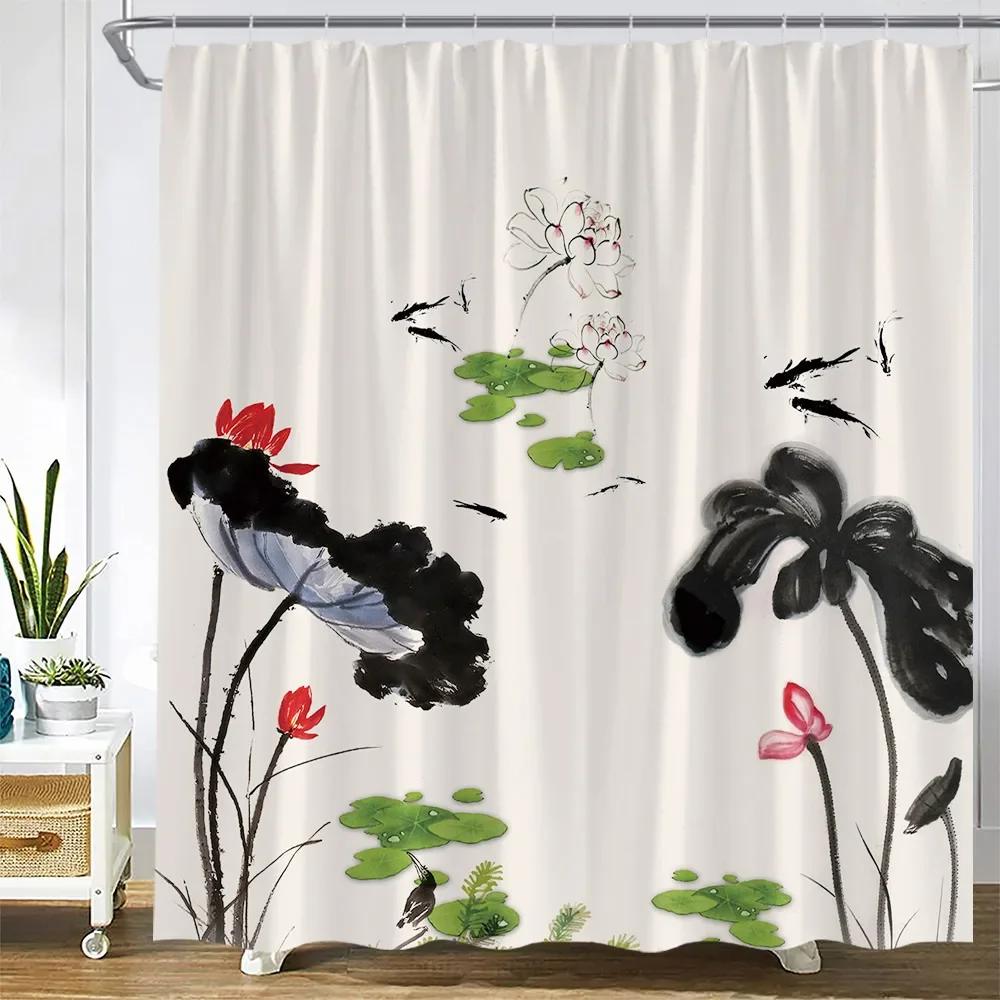 Flower Carp Shower Curtains Bird Red Floral Koi Fish Ink Plants Mountain Water Landscape Fabric Bathroom Decor Bath Curtain Sets