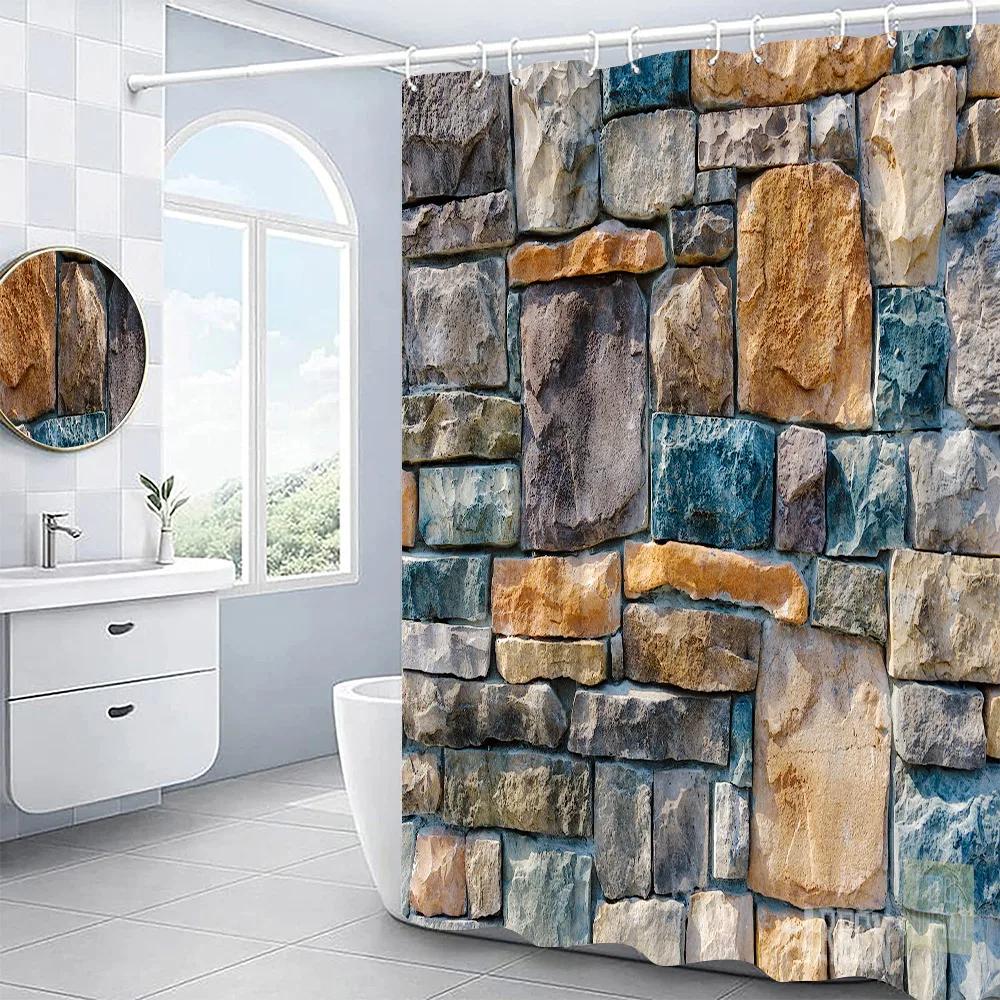 3D Stone Wall Shower Curtain Vintage Old Bathroom Curtain Rustic Rural Bathroom Decor with Hooks Polyester Fabric Washable Cloth