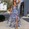 2025 Cross-Border Summer New European and American Women's Fashion Sexy Deep V-Neck Strap Dress Printed Sleeveless Slit Long Dress