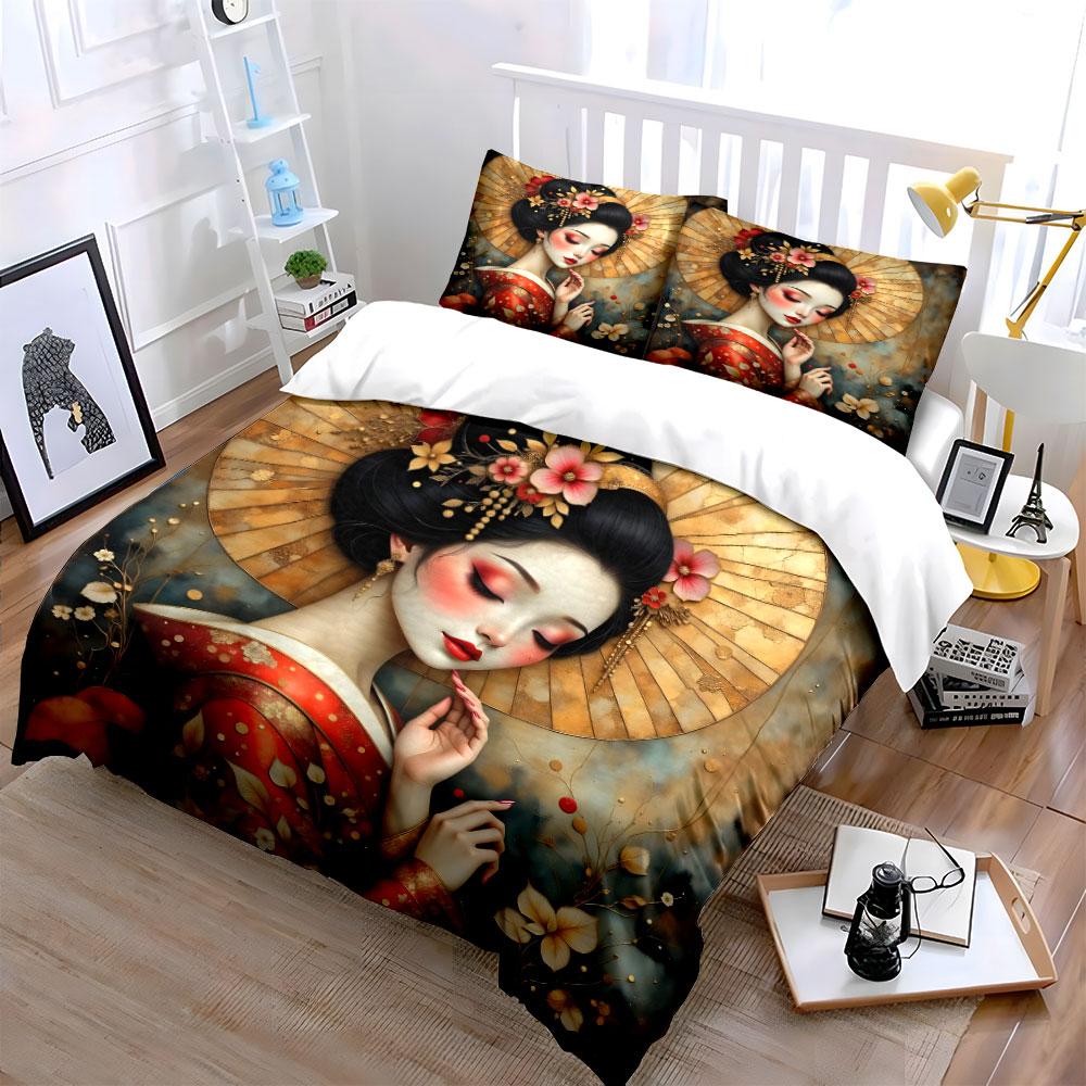 Elegant Geisha with Golden Background Print Bedding Set 1 Duvet Cover 2 Pillowcases for Adult and Children Luxury Gift