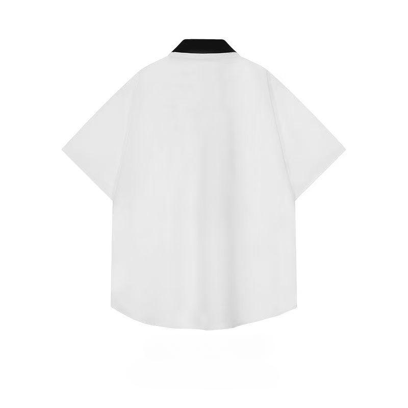 Color Blocked Lapel Tie Women's Short Sleeved Shirt American Vintage College Style Ladies Blouses Loose Casual Tops