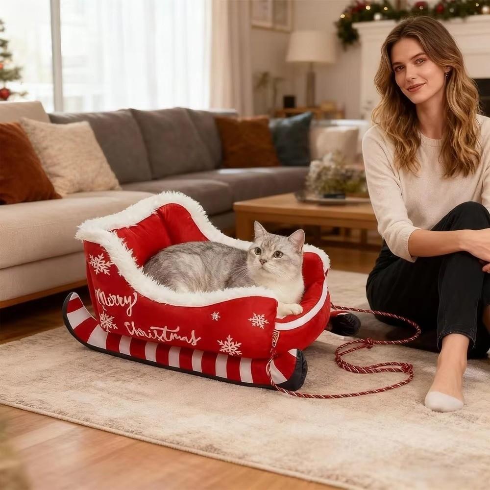 Bite Resistant Christmas Sleigh Pet Bed Reindeer Shape Xmas Sleigh Cat Nest  Holiday Gift