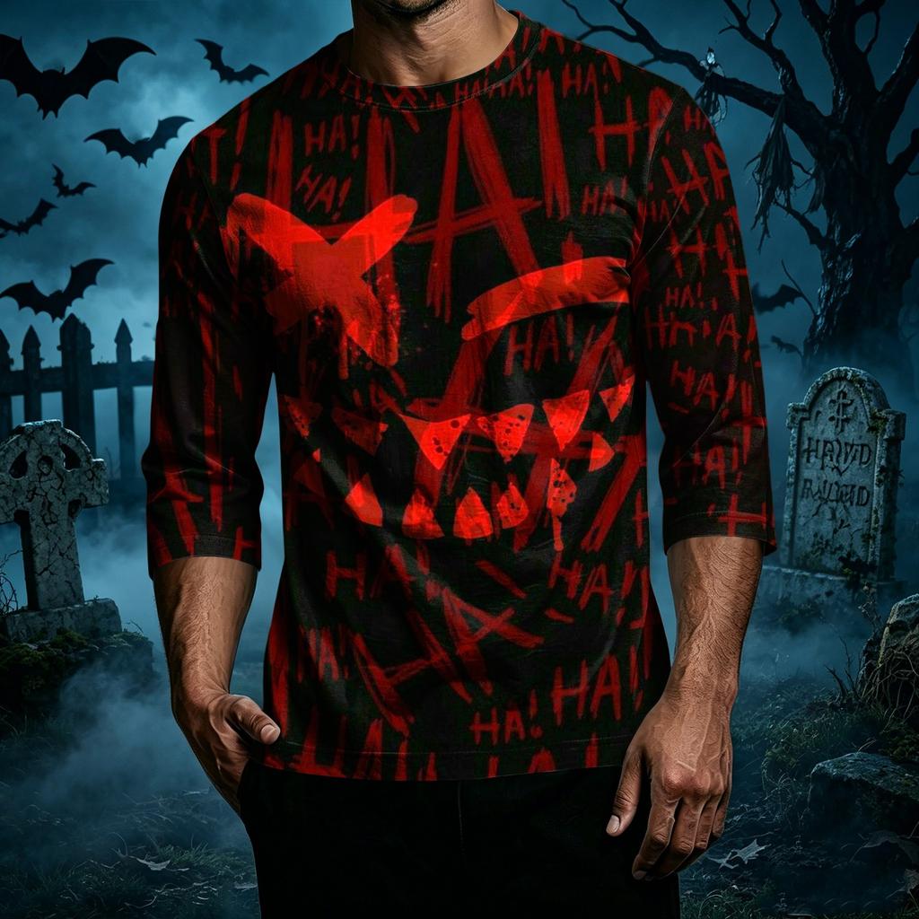Men's Casual Halloween Print Crew Neck T-Shirt Three Quarter Sleeve Top Lightweight Comfortable Fit