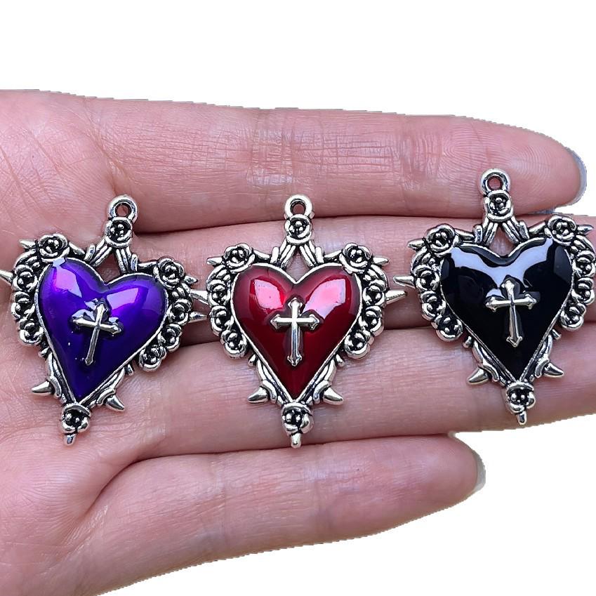 Retro Dark Style Cross & Rose Heart Pendant