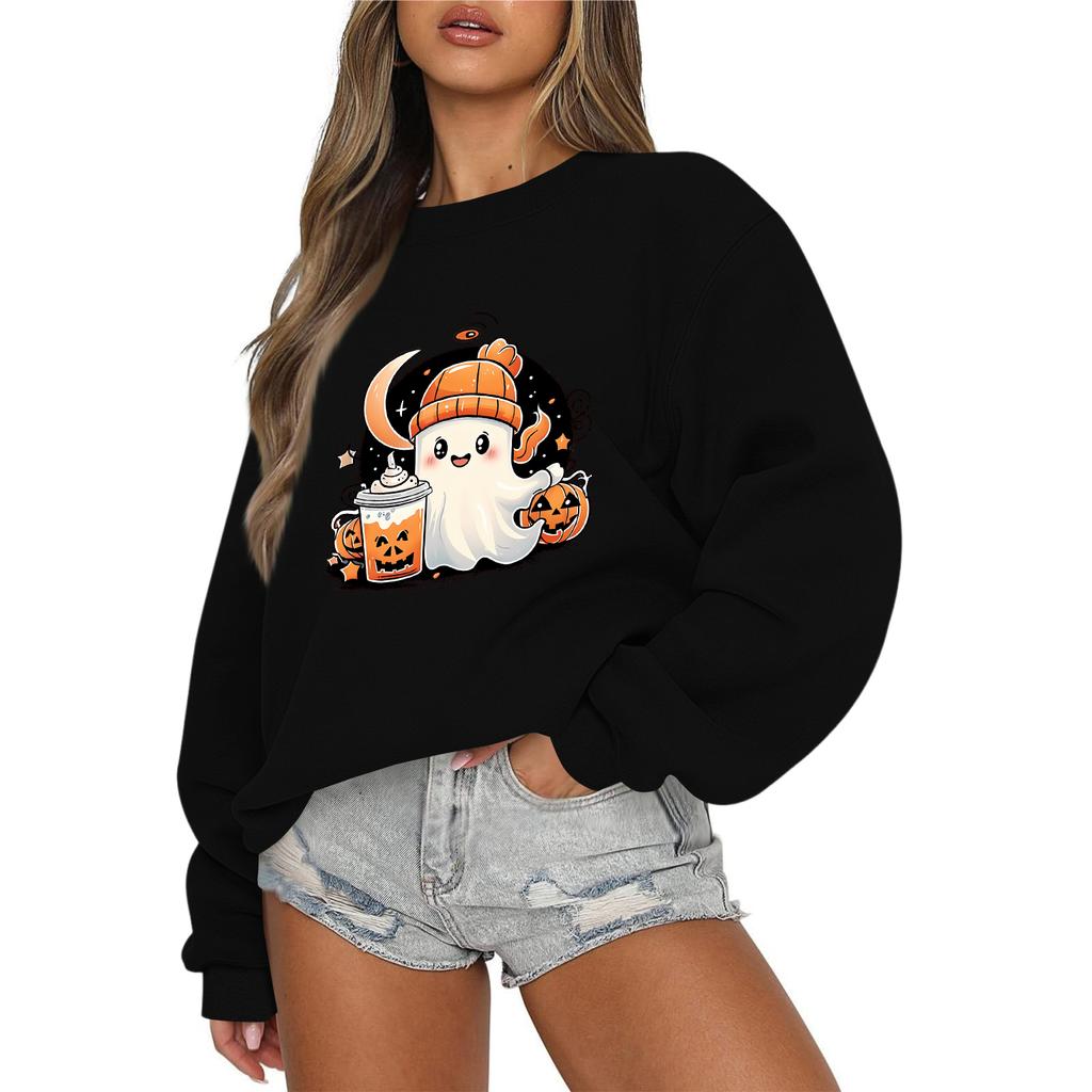 Women's Casual Fashion Round Neck Long Sleeve Halloween Printed Sweatshirt