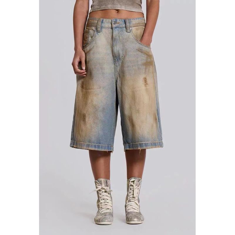 

Jaded London Yellow Full Same Style Dirty Dyed Blue Faded Distressed Straight-leg Denim Shorts Medium Straight Pants Blue L