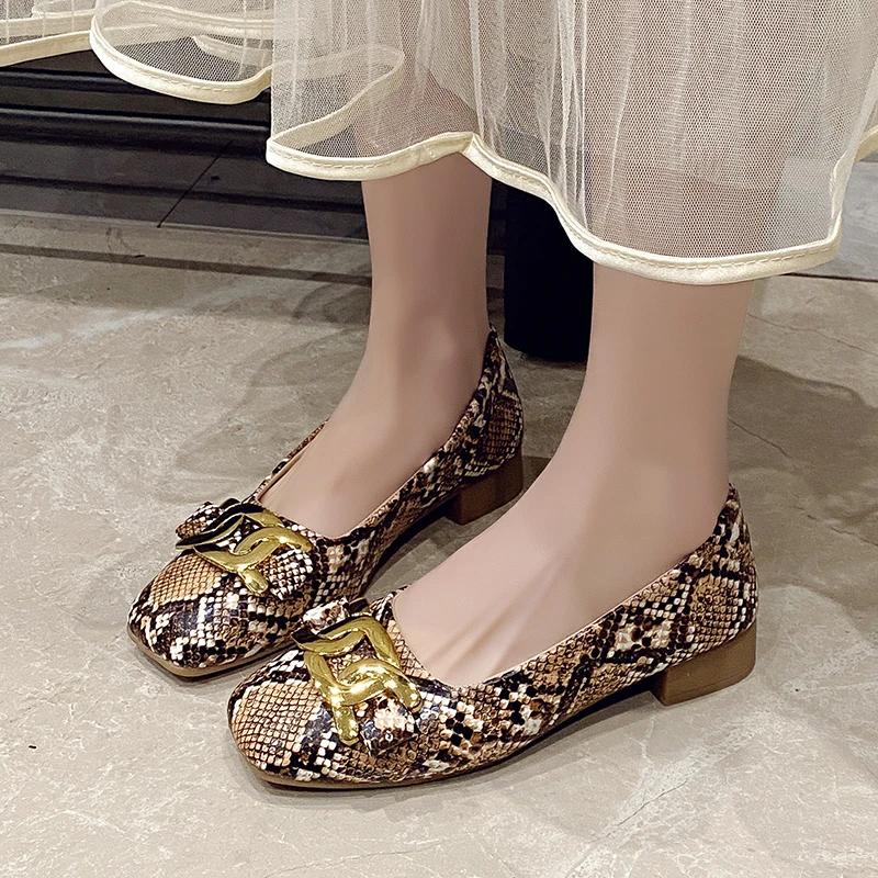 Fashion 2025 Summer Women's Snake Print Square Toe Slip-On Women's High Heels Metal Decoration Fashion Pumps for Office Plus Size Shoes