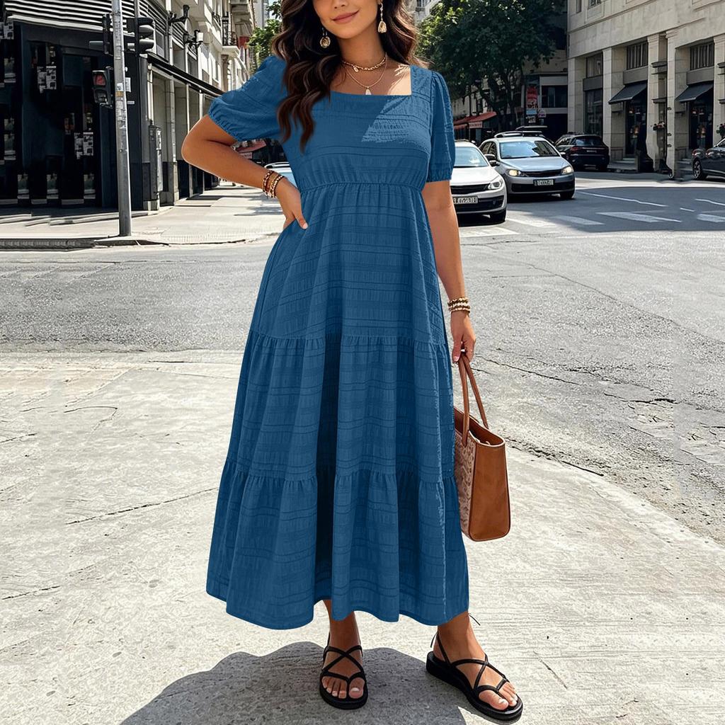 Women Plus Size Bohemian Maxi Dress Square Neck Puff Sleeve Loose Fit Casual Long Dress for Summer Beachwear