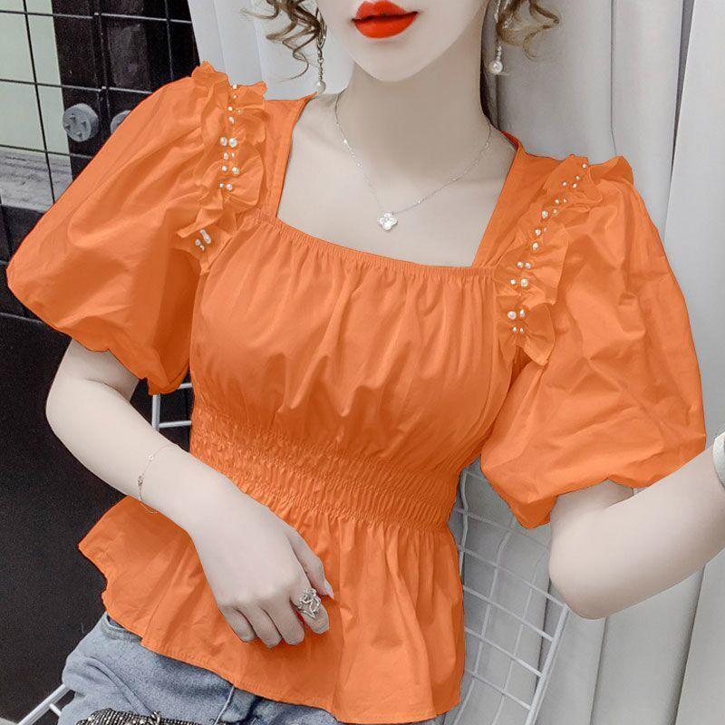 Summer New French Tighten the Waist Fashion Short Sleeve T-shirt Women Solid Square Neck Pearl Folds Chiffon Bubble Sleeve Tops