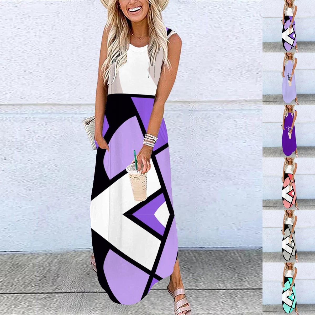 

2023 летнее новое модное женское платье с круглым вырезом, повседневное длинное платье с принтом больших размеров, S-2XL