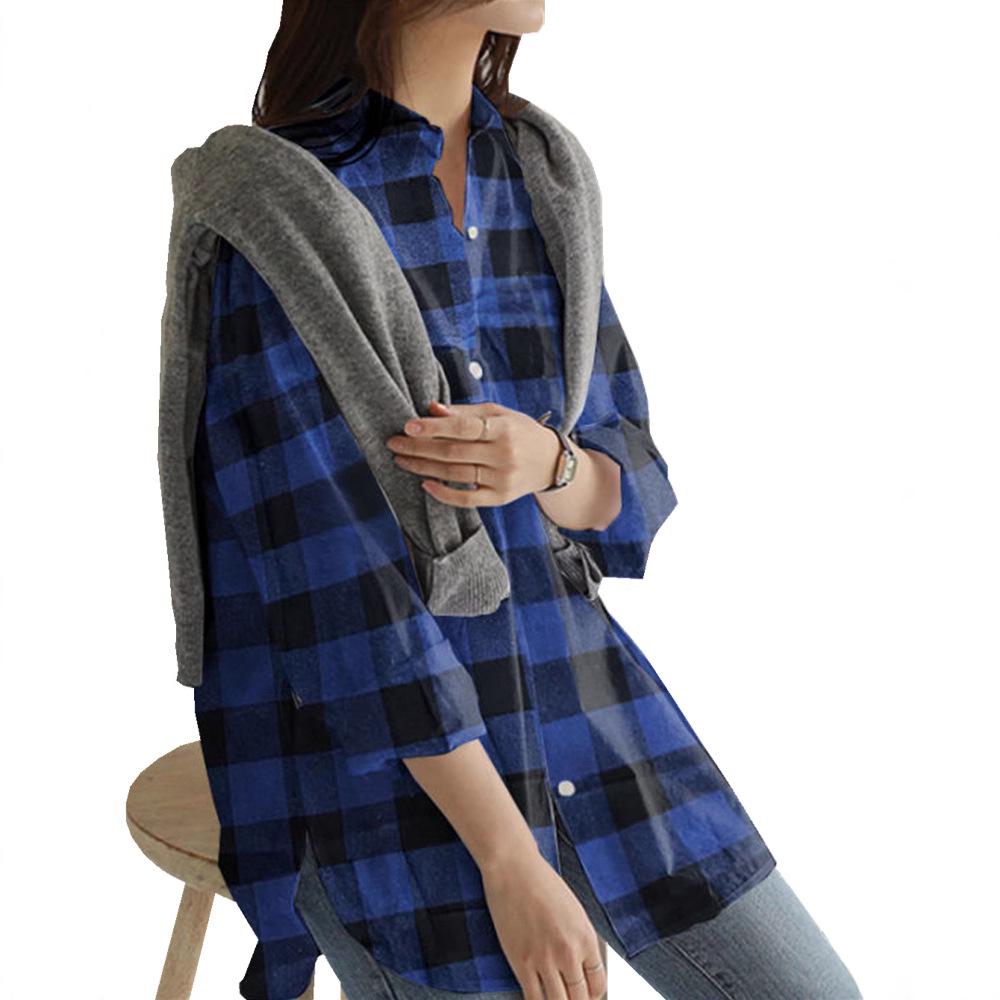 2025 Women's Plaid Lapel Long-Sleeve Mid-Length Fashion Shirt