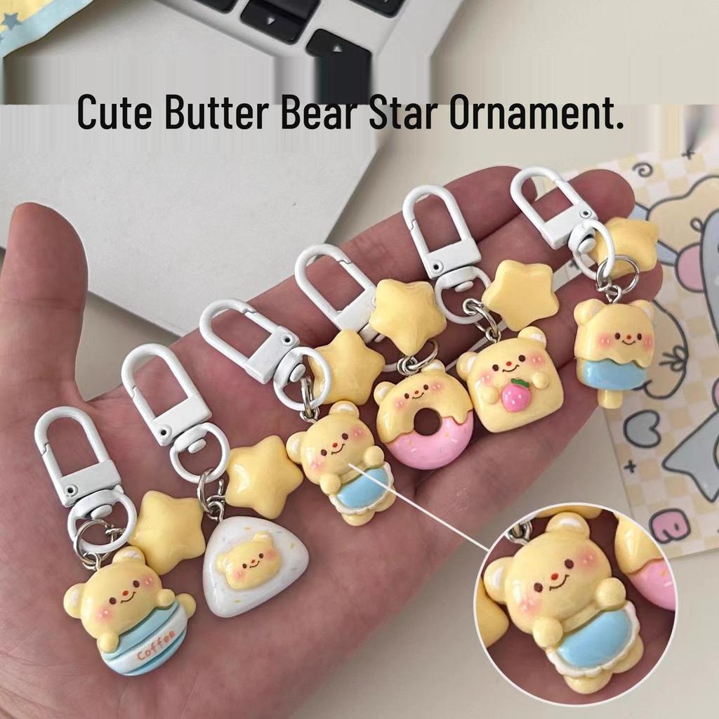 Butter Bear Dessert Keychain: Soft & Cute Cartoon Pendant for Backpacks with Stars
